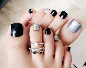 Black and Silver Fake Toenails 24pcs Toe Nails False Nails - Etsy