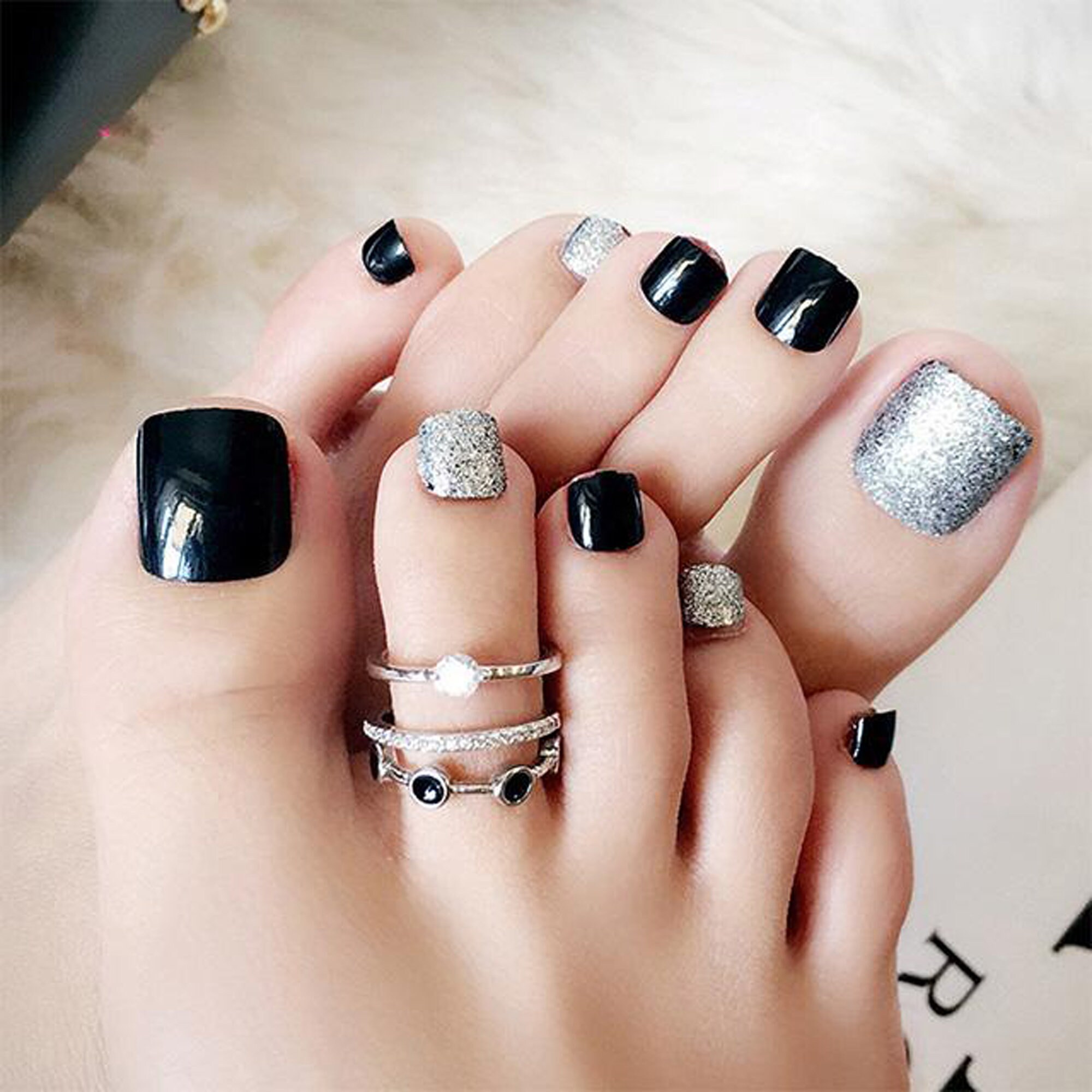 Black and Silver Fake Toenails 24pcs Toe Nails False Nails - Etsy Israel