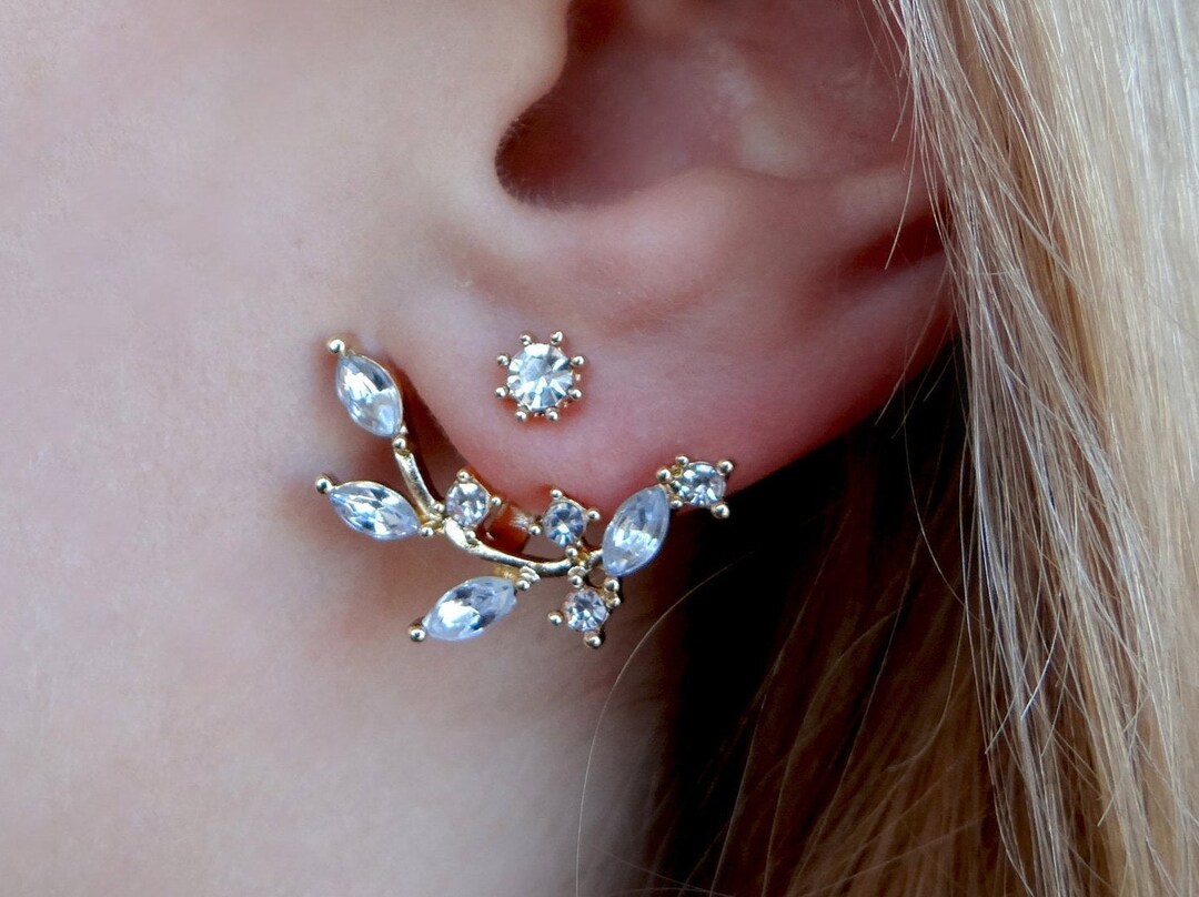 Crystal Leaf Ear Jacket CZ Front Back Earrings Minimalist Crystal Cubic