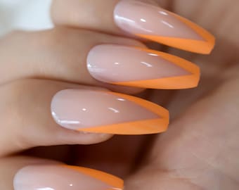 Long Coffin with Orange V-Shape Press on nails Orange French False Nail Tips Fake Nail Set Acrylic Reusable Ballerina nail Glue On nail