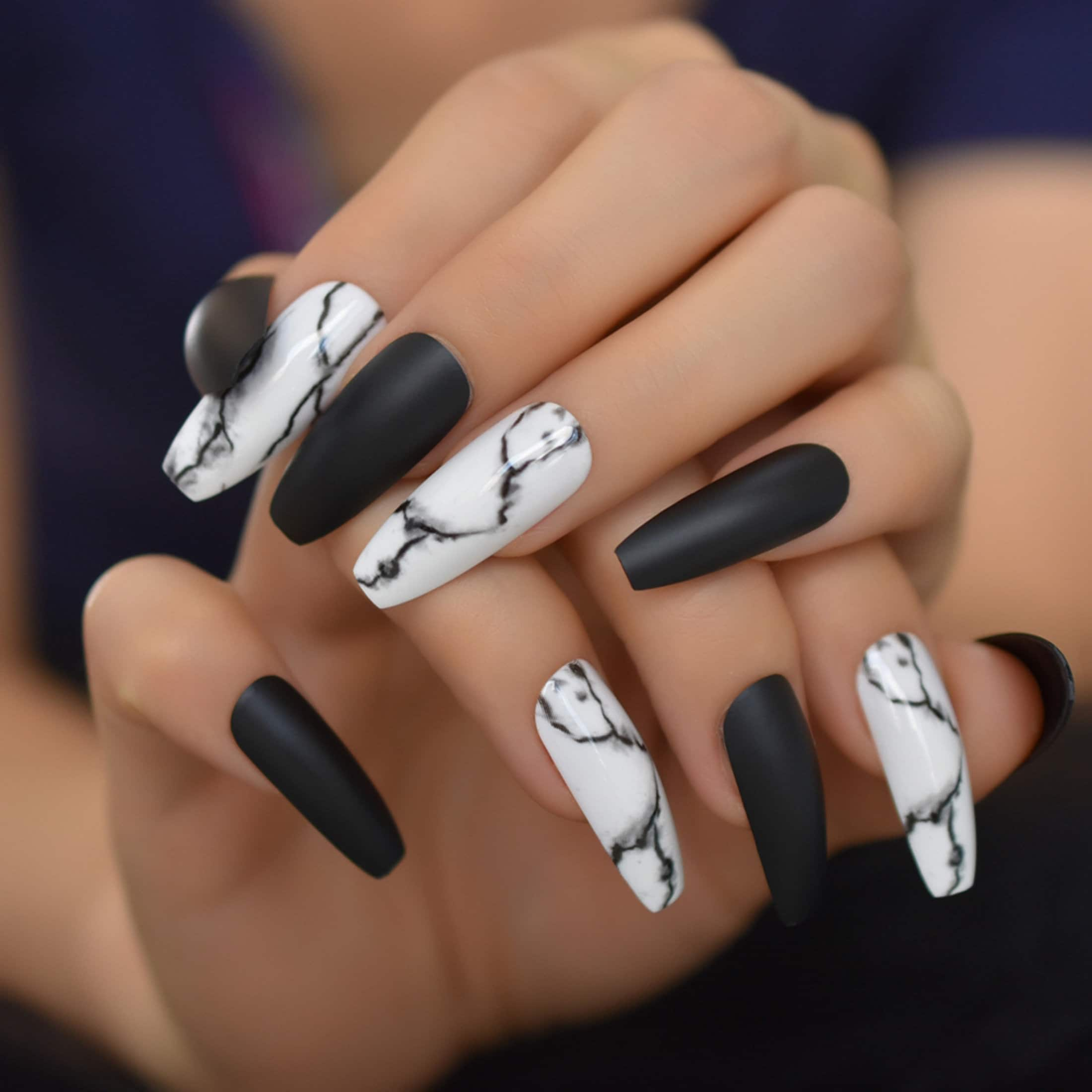 Marble Matte Press On Black White Nails Uñas postizas - Etsy México