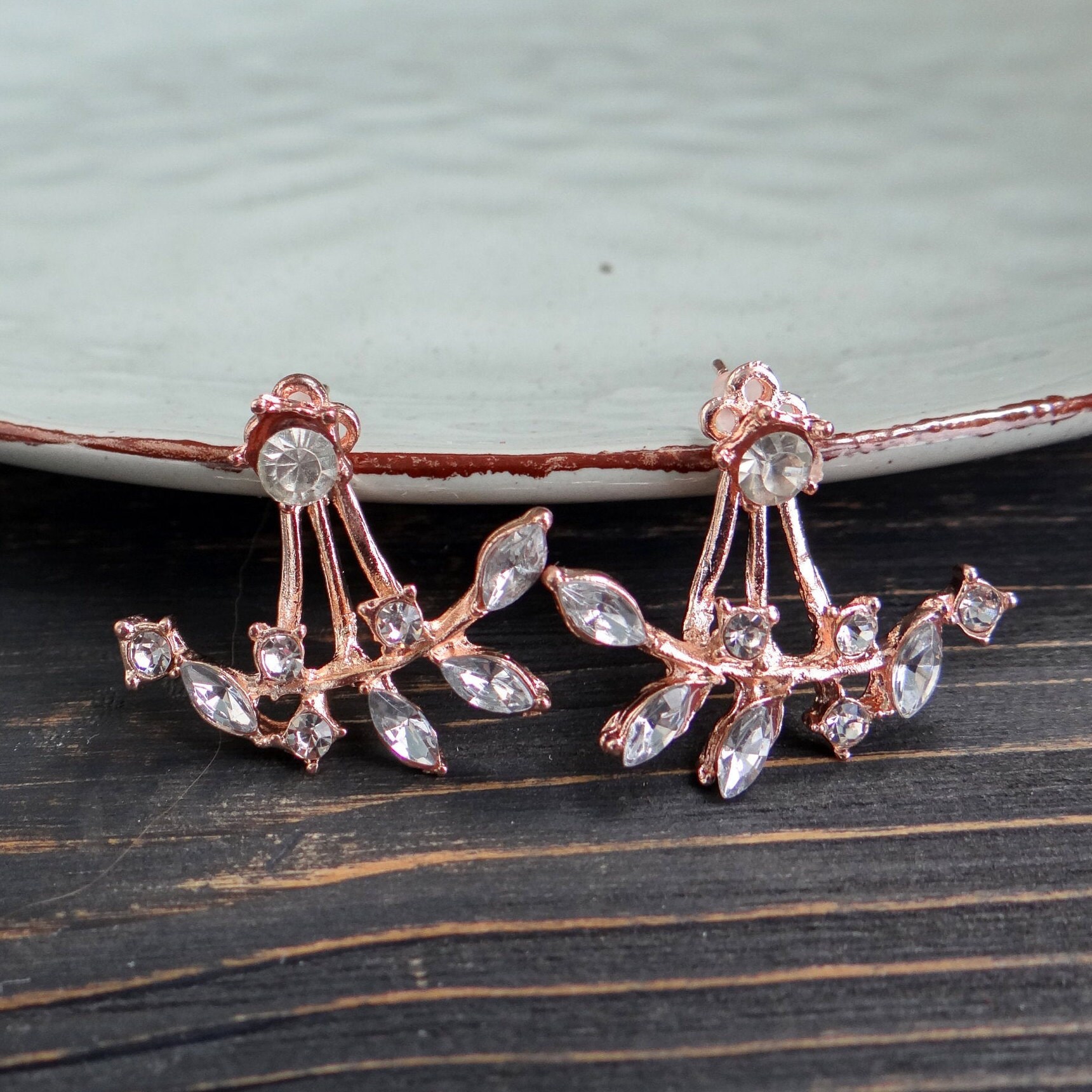 Crystal Leaf Ear Jacket CZ Front Back Earrings Minimalist Crystal Cubic