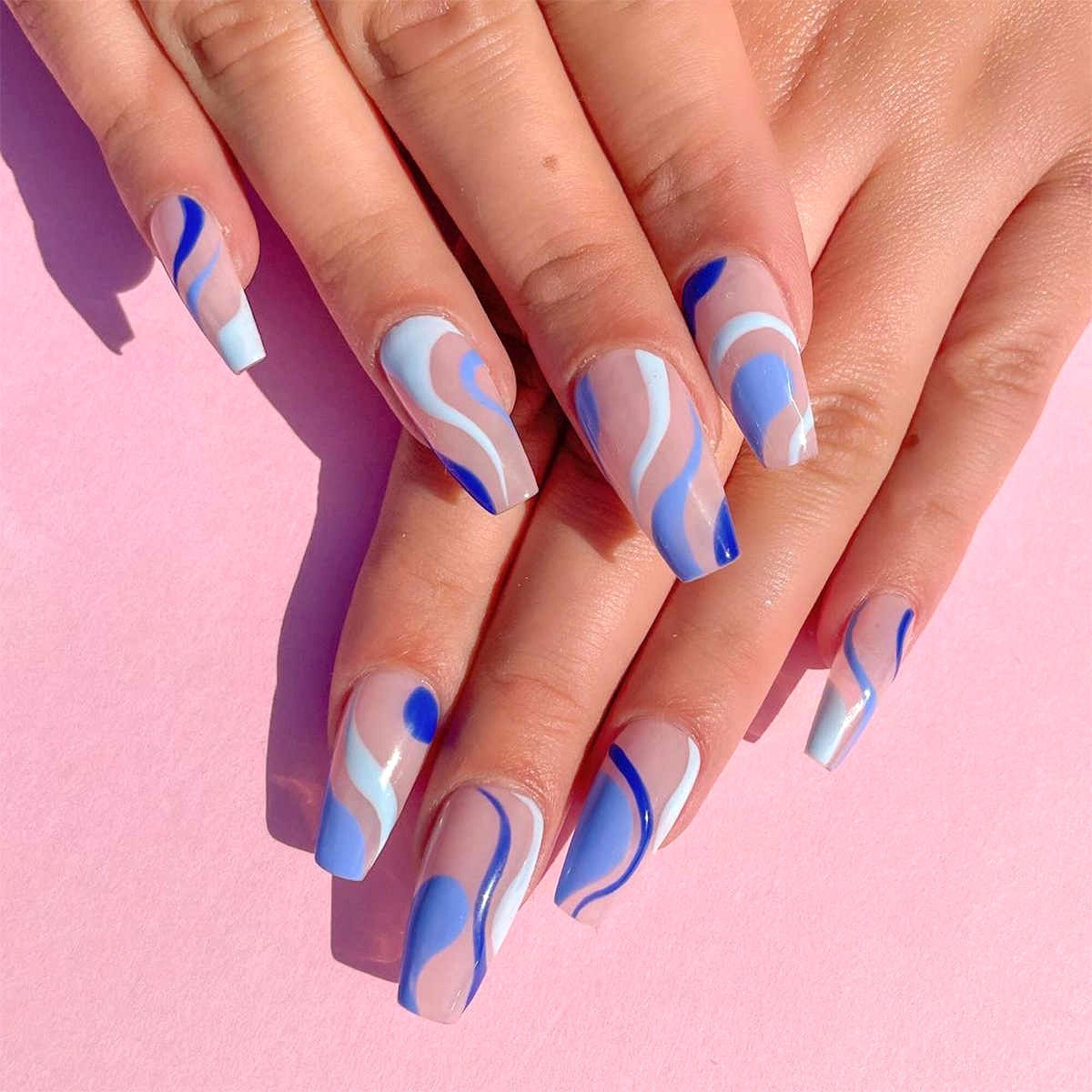 Blue Swirly Fake Nails Wave Long Square Press On Nail Nails Etsy