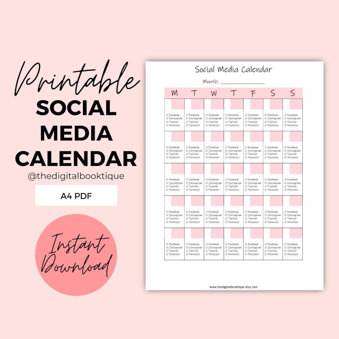 Social Media Calendar Printable Content Schedule Instagram Etsy