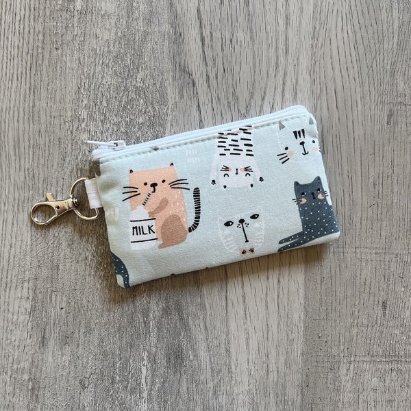 Mini Cat Key Chain Zipper Pouch, Small Kitten Wallet, Cute Cats Coin Purse, Kitty Pouch With Swivel Clip, Small Card Holder, Cats With Milk