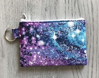 Mini Purple Galaxy Key Chain Zipper Pouch, Small Space Stars Wallet, Cosmos Coin Purse, Pouch With Keyring, Small Card Holder
