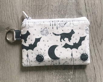 Mini Mystical Key Chain Zipper Pouch, Small Magical Witchy Wallet, Halloween Black Cat Coin Purse, Pouch With Keyring, Small Card Holder