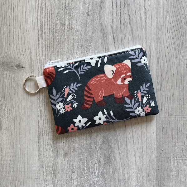 Small Red Panda Key Chain Zipper Pouch, Small Woodland Floral Wallet, Red Panda Coin Purse, Pouch With Swivel Clip, Small Card Holder