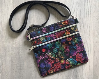 Rainbow Sugar Skull Adjustable Crossbody Bag, Day Of The Dead Triple Zipper Shoulder Bag With Removable Strap, Halloween Purse Handbag