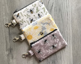 Mini Bumble Bee Key Chain Zipper Pouch, Small Bumblebee Wallet, Bee Coin Purse, Pouch With Swivel Clip, Small Card Holder