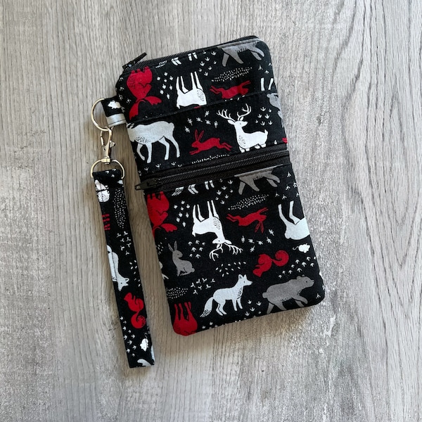 Woodland Animal Cell Phone Wristlet With Double Zipper Pockets And Slip Pocket, Fox Wallet, Forest Animal Card holder Pouch, Phone Case