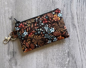 Mini Autumn Brown leaves Key Chain Zipper Pouch, Small Blue Floral Wallet, Fall Coin Purse, Pouch With Swivel Clip, Small Card Holder