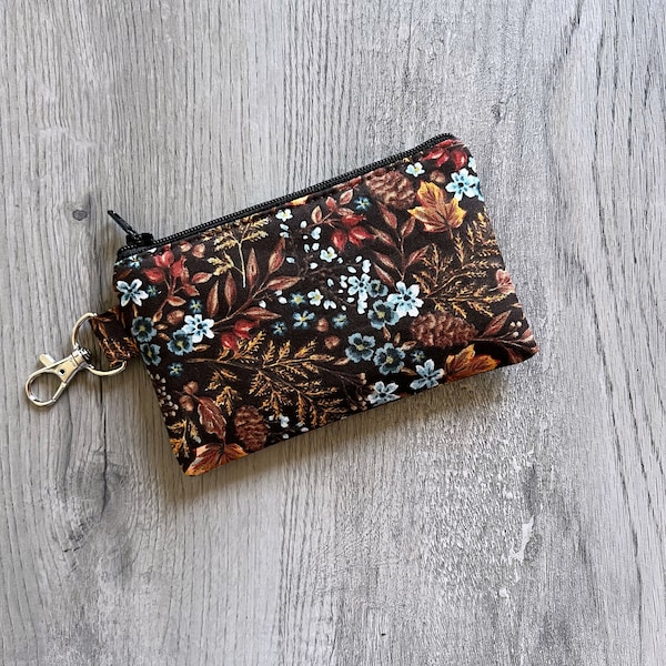 Mini Autumn Brown leaves Key Chain Zipper Pouch, Small Blue Floral Wallet, Fall Coin Purse, Pouch With Swivel Clip, Small Card Holder