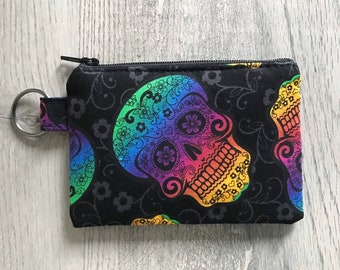 Mini Rainbow Sugar Skull Key Chain Zipper Pouch, Small Skull Wallet, Halloween Coin Purse, Pouch With Keyring, Small Card Holder