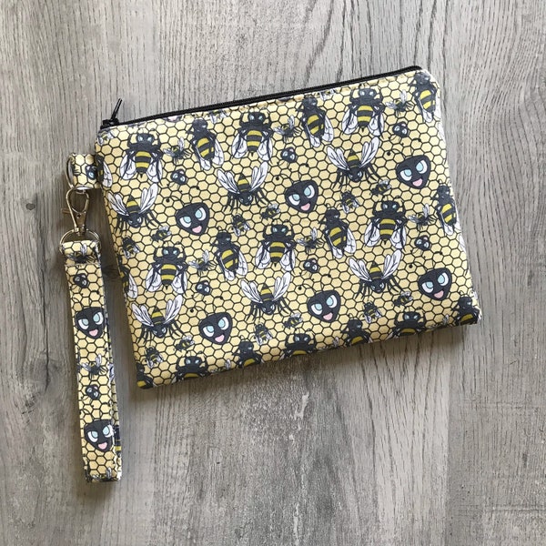 Large Bumble Bee Wristlet Zipper Pouch, Bumblebee Wallet, Bee Purse Organizer, Pouch With Removable Strap, Makeup Cosmetic Bag