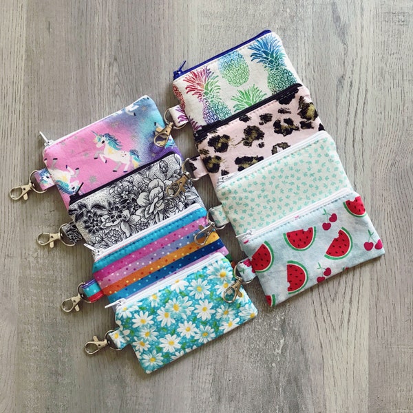 Keychain Zipper Pouch, Headphone Earbud Holder, AirPod Case, Small Credit Card Holder, Coin Purse, Clip On Pouch With Swivel Hook