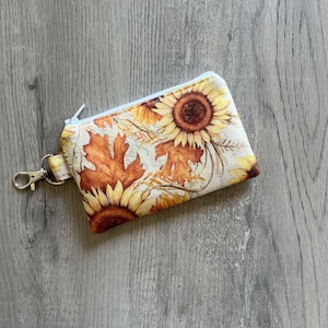 Mini llavero con cremallera de girasol otoñal, billetera pequeña, monedero con hojas de otoño, bolsa con clip giratorio, tarjetero pequeño