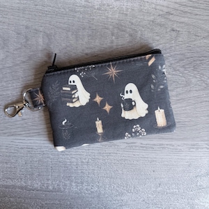 Mini Ghost Library Key Chain Zipper Pouch, Small Halloween Wallet, Black Gothic Book Coin Purse, Pouch With Swivel Hook, Small Card Holder