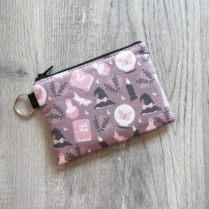Mini Witch Key Chain Zipper Pouch, Small Magical Witchy Wallet, Pastel Goth Bat Coin Purse, Pouch With Swivel Hook, Pink Small Card Holder