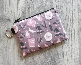 Mini Witch Key Chain Zipper Pouch, Small Magical Witchy Wallet, Pastel Goth Bat Coin Purse, Pouch With Swivel Hook, Pink Small Card Holder