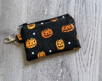 Mini Halloween Key Chain Zipper Pouch, Small Jack o'lantern Wallet, Pumpkin Coin Purse, Pouch With Swivel Clip, Spooky Small Card Holder