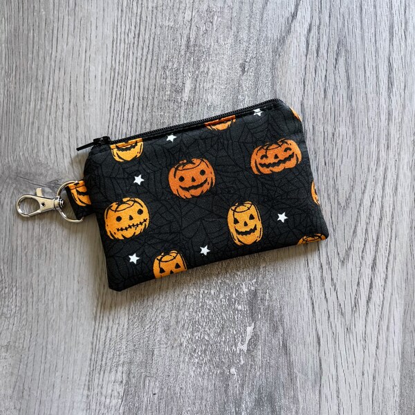 Mini Halloween Key Chain Zipper Pouch, Small Jack o'lantern Wallet, Pumpkin Coin Purse, Pouch With Swivel Clip, Spooky Small Card Holder