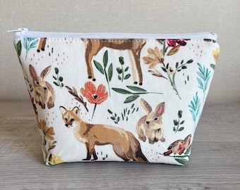 Woodland Canvas Makeup Bag, Forest Animals Boxed Bottom Zipper Pouch, Fox Lover Gift, Waterproof Canvas Lining, Travel Toiletry Bag, Deer