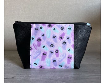 Pastel Coffin Makeup Bag, Faux Leather Boxed Bottom Zipper Pouch, Spooky Peek-A-Boo Beauty Bag, Waterproof Canvas Lining, XL Toiletry Bag