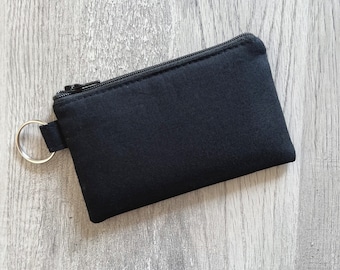 Mini Black Key Chain Zipper Pouch, Small Black Wallet, Coin Purse, Pouch With Key Ring, Small Card Holder, Minimalist Wallet