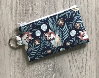 Mini Fox Key Chain Zipper Pouch, Small Wallet With Foxes, Woodland Coin Purse, Pouch With Keyring Swivel Hook, Small Card Holder