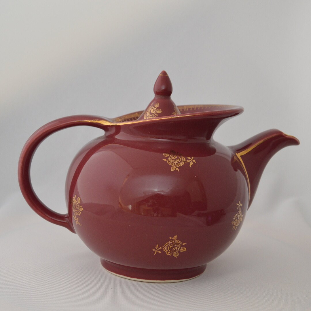 Hall Windshield Teapot Maroon Standard Gold Trim Etsy