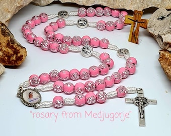 Saint Rosary beads 8mm rose pink Catholic gift Religious Jewelry Blessing cross St Benedict medal Mary Medjugorje Jesus Christ