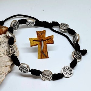ST BENEDICT BRACELET, handmade adjustable holy bracelet, religious jewelry from Medjugorje, catholic gift mens women, knotted cord bracelet
