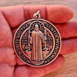 ST BENEDICT MEDAL, xl medal 2 inch, San Benito medal silver tone image 2