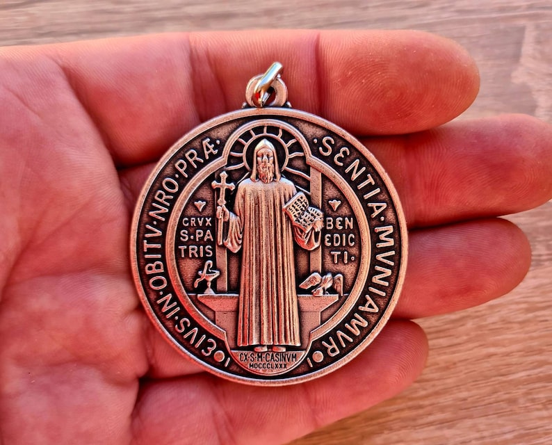 ST BENEDICT MEDAL, xl medal 2 inch, San Benito medal silver tone image 2