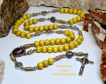 YELLOW WOODEN ROSARY, handmade st Benedict chaplet, San Benito Rosario, Catholoc gift, religious jewelry from Medjugorje