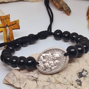 St Joseph Bracelet black beads wood 8mm Medal Patron  Religious Jewelry Adjustable  Blessing Knotted cord Catholic gift women men Medjugorje