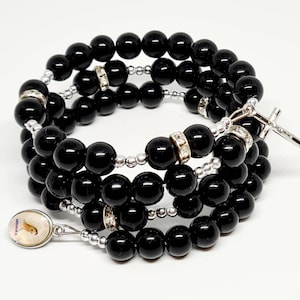 Black Rosary Bracelet beads Glass 8mm womens gifts Memory wire 5 Decade chaplet Wrap Religious Jewelry from Medjugorje Blessing