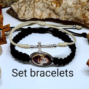 Conjunto de pulseiras de SÃO CHARBEL, medalha de São Charbel, pulseira católica ajustável, pulseira sagrada feita à mão, pulseira de cordão com nós, pulseira de cruz