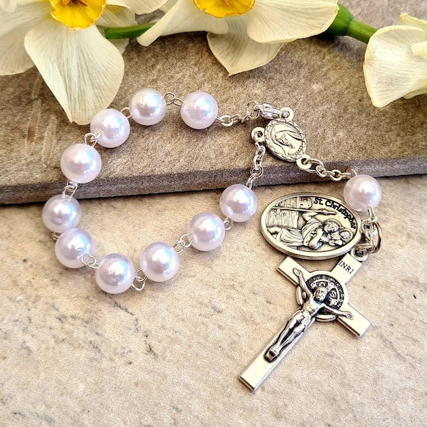 Auto rosary, st Christopher car rosary, white auto chaplet