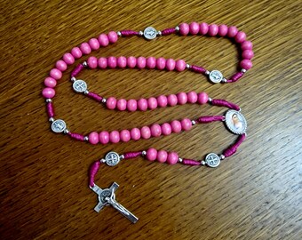 PINK WOODEN ROSARY, handmade st Benedict chaplet, San Benito Rosario, Catholoc gift, religious jewelry from Medjugorje