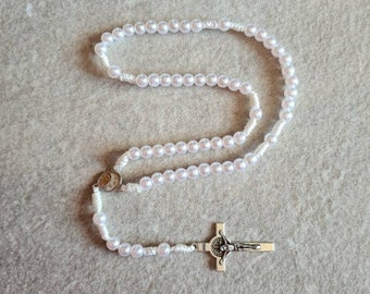 Small beads Saint kids Rosary Chaplet White 6mm  Catholic gift Religious Jewelry Blessing cross St Benedict Mary Medjugorje Jesus Christ