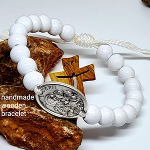 Saint Joseph Bracelet Medal Wood 8mm cord Religious Jewelry Adjustable  Blessing Knotted cord Catholic gift women men handmade Medjugorje