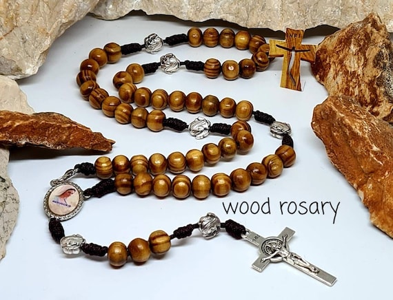 VTG Handcrafted  Cord , Wooden beaded With  Featuring a Carved Dark Metal Dark Brown Wood Carved Bead Rosary -P65 - William J Hirten Co main image 2