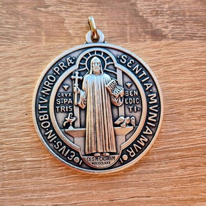 ST BENEDICT MEDAL, xl medal 2 inch, San Benito medal silver tone image 1