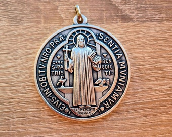 ST BENEDICT MEDAL, xl medal 2 inch, San Benito medal silver tone