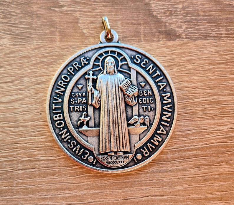 ST BENEDICT MEDAL, xl medal 2 inch, San Benito medal silver tone image 1