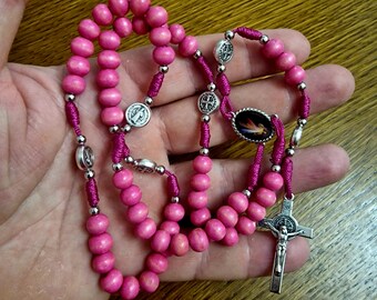 PINK WOODEN ROSARY, handmade st Benedict chaplet, San Benito Rosario, Catholoc gift, religious jewelry from Medjugorje