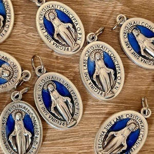 wholesale MIRACULOUS MEDALS BOX 5, 10, 20, 50pcs, medals blue/ silver color, Regina sine labe orginali concepta opn, medals Italy