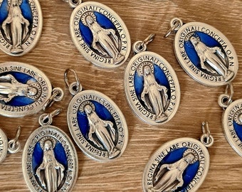 wholesale MIRACULOUS MEDALS BOX 5, 10, 20, 50pcs, medals blue/ silver color, Regina sine labe orginali concepta opn, medals Italy